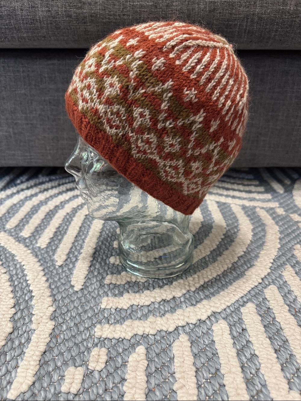 Lost Horizons 100% Wool Fair Isle Beanie Rust Brown Fleece Lined